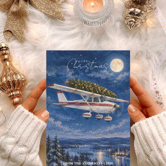 Cartão De Festividades Foto engraçada de avião antigo e árvore de Natal