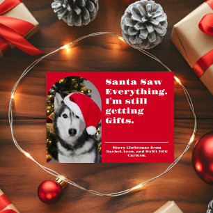 Cartão De Festividades Foto engraçada de Natal do Pet 'Santa Viu Tudo'
