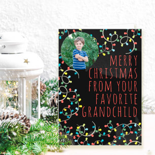 Cartão De Festividades Foto engraçada do neto favorito com luzes de Natal