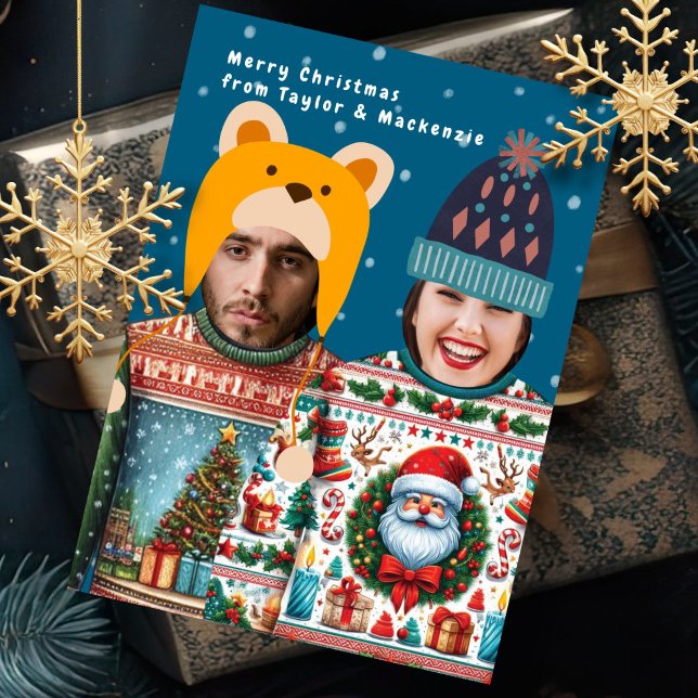 Cartão De Festividades Foto Engraçada Jumper Personalizado de Natal (Funny Photo Personalized Christmas Jumper holiday card by Ricaso. Add your own faces to fun cards)