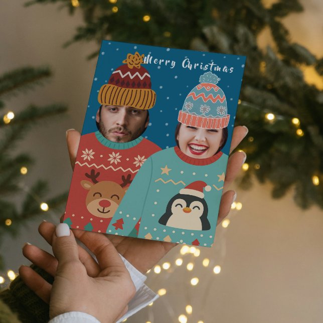 Cartão De Festividades Foto Engraçada Jumper Personalizado de Natal (Funny Photo Personalized Christmas Jumper Holiday Card by Ricaso. Add your own faces, couples cards)