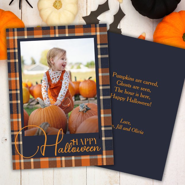 Cartão De Festividades Foto Feliz De Halloween De Xadrez Azul E Laranja (Blue And Orange Plaid Happy Halloween Photo Holiday Card)