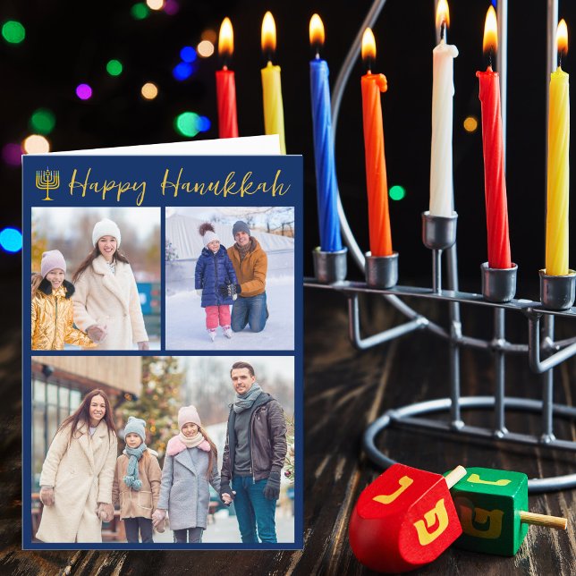 Cartão De Festividades Foto Feliz de Hanukkah Colagem Azul Moderna Dobrad (Criador carregado)