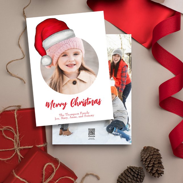 Cartão De Festividades Foto Feliz de Natal Santa Hat (Merry Christmas cute whimsical photo greeting card with a double photo template. )