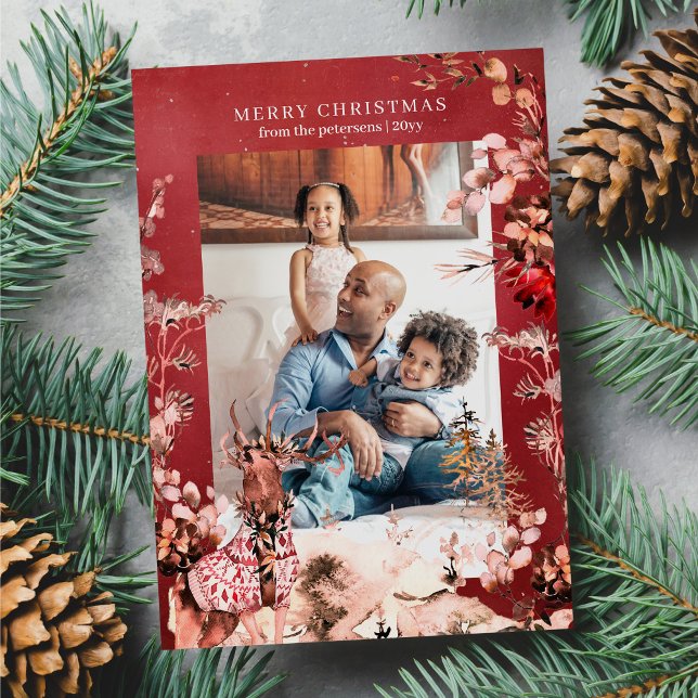 Cartão De Festividades Foto feliz do Natal moderno da floricultura e rena (Criador carregado)