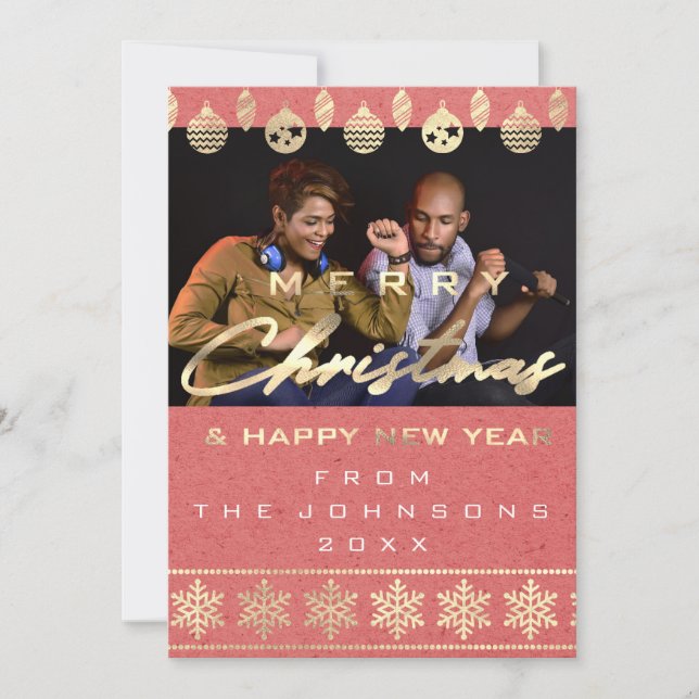 Cartão De Festividades Foto Feliz Feliz ano novo de Natal Coral (Frente)