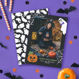 Cartão De Festividades Foto Feliz Halloween de Abóbora Fofa & Fantasma