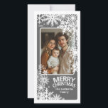 Cartão De Festividades Foto: Feliz Natal - Flocos de Neve de Cinza<br><div class="desc">Personalize-o com 1 foto vertical / retrato,  seu nome de família e o ano atual.</div>