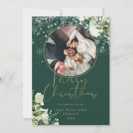 Cartão De Festividades Foto Floral de Natal Alegre Dourado e Verde