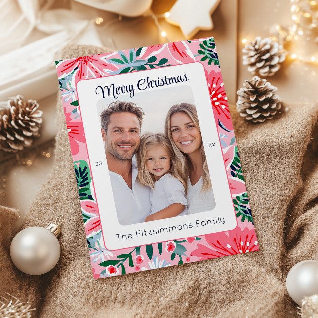 Cartão De Festividades Foto Floral de Natal Tropical Rosa Vibrante (Pink Tropical Floral Christmas Card)