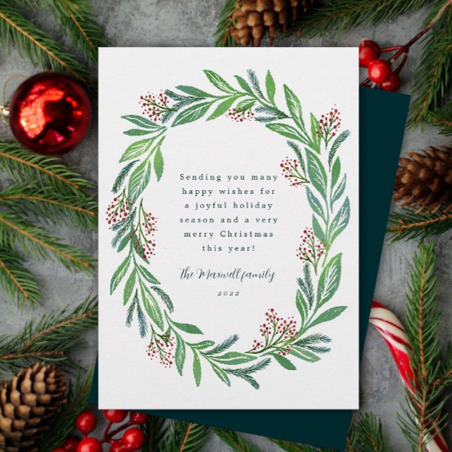 Cartão De Festividades Foto Floral Floral Verde Azul (elegant illustrated Christmas pine and holly berry wreath with personalized text and photo card)