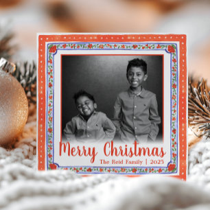 Cartão De Festividades Foto Floral Vintage Aquarela Vermelho & Azul