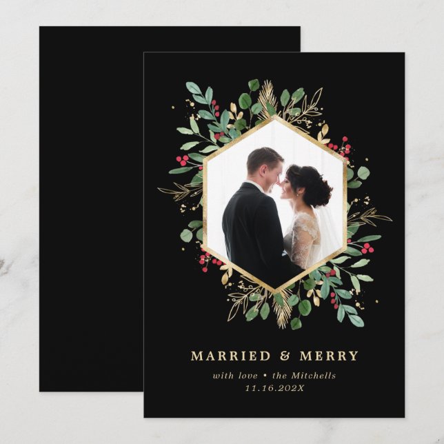 Cartão De Festividades Foto Geométrica de Casados e Alegres com Verde Dou (Frente/Verso)