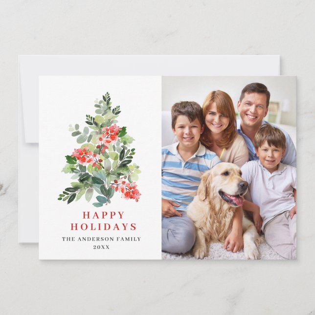 Cartão De Festividades FOTO Holly Berry Árvore de Natal Saudação (Frente)