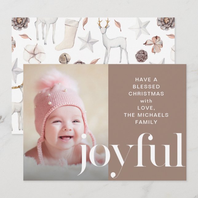 Cartão De Festividades Foto ilustrada de cervo alegre do Natal de Taupe (Frente/Verso)