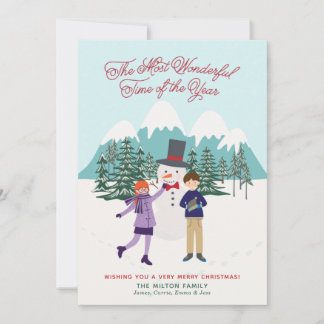 Cartão De Festividades Foto ilustrada divertida de boneco de neve e crian