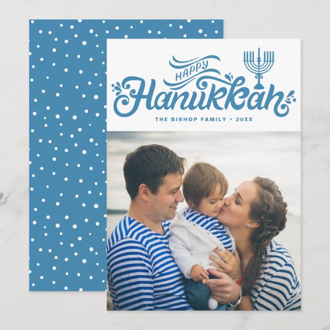 Cartão De Festividades Foto Lettrada por Mão de Hanukkah Feliz Azul Claro (Frente/Verso)