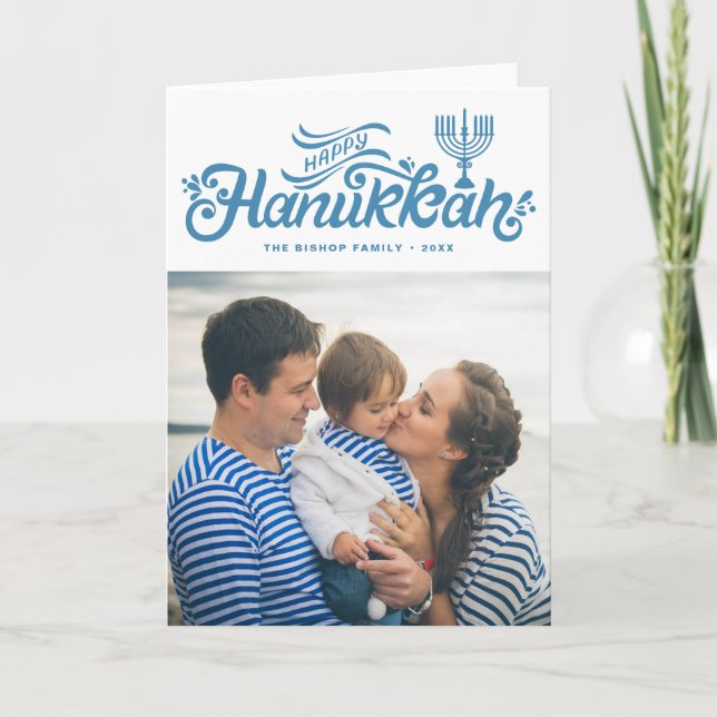 Cartão De Festividades Foto Lettrada por Mão de Hanukkah Feliz Azul Claro (Frente)