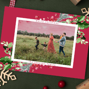 Cartão De Festividades Foto magenta VERMELHA de Natal Moderno Simples