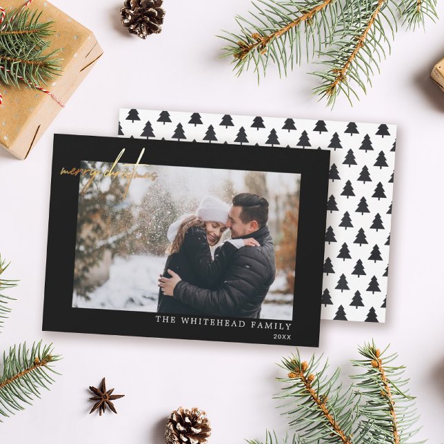 Cartão De Festividades Foto mínima Dourada Feliz Natal Preto (Criador carregado)