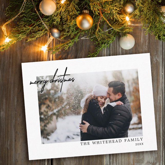 Cartão De Festividades Foto Mínima Preta Branca de Natal Feliz (Criador carregado)