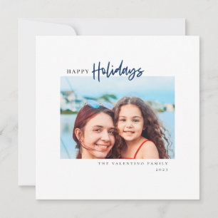 Cartão De Festividades Foto minimalista de script azul moderno de feriado