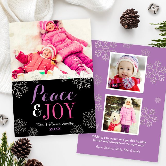 Cartão De Festividades Foto: Modern Pink Purple Peace and Joy Snowflake (Criador carregado)