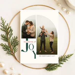 Cartão De Festividades Foto Moderna da Família em Arco Script Natal Verde