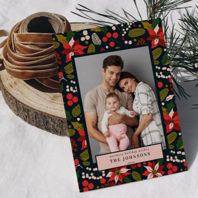 Cartão De Festividades Foto Moderna de Poinsettia Azul Escura e Vermelha (Criador carregado)