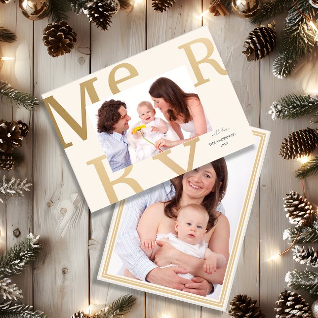 Cartão De Festividades Foto Moderna e Neutra “Alegre” (Elegant Neutral “Merry” Modern Photo Holiday Card)