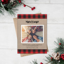 Cartão De Festividades Foto Monograma com Plaid de Búfalo e Lona Rústica 