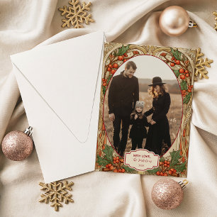 Cartão De Festividades Foto Natal Antigo com Folhas de Azevinho