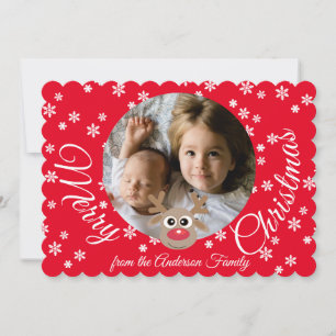 Cartão De Festividades Foto Natal Red Cute Reindeer White Script