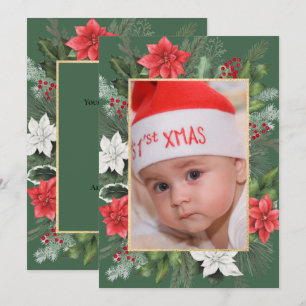 Cartão De Festividades Foto Natal Xmas Floral Verde Plano