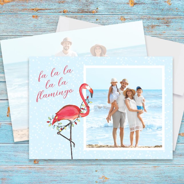Cartão De Festividades Foto natalícia, praia rosa-rosa, Flamingo tropical (Christmas whimsical beach theme pink flamingo photo card. )
