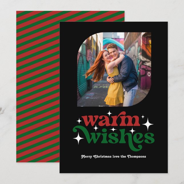 Cartão De Festividades Foto Natalina Retro Vermelho Rubi e Verde Floresta (Frente/Verso)