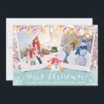 Cartão De Festividades Foto Personalizada 2-Foto de Snowman de Feriado |<br><div class="desc">Belisque seus cartões de Natal com suas próprias fotos de precioso neste cartão azul e branco de dois quadros fotográficos. Rico branco saudação de Feliz Natal escondido com vários flocos de neve, um bonitinho bonitinho bonitão e luzes de férias penduradas acima. Este tem um lugar para adicionar seus nomes ou...</div>