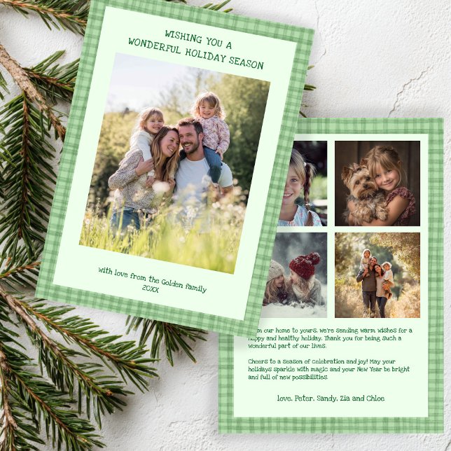 Cartão De Festividades Foto Personalizada 5 de Natal Verde Chic Gingham (Chic Gingham Christmas Green Custom 5 Photo Preppy Holiday Card
)