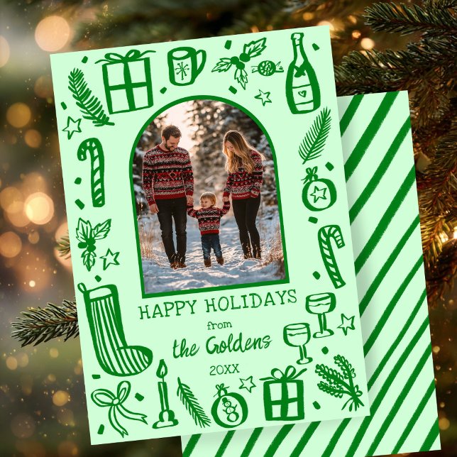 Cartão De Festividades FOTO Personalizada Da Arca Fofa De Natal Whimsso (Whimsical Christmas Cute Custom Arch PHOTO Green Doodle Sketch Hand-drawn Holiday Card
)