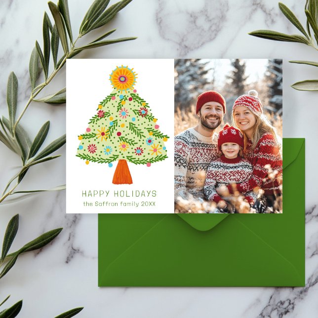Cartão De Festividades FOTO PERSONALIZADA DA Árvore DE Natal Do Quadrado (Whimsical Folk Christmas Tree CUSTOM PHOTO Holiday Card
)