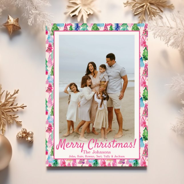 Cartão De Festividades Foto personalizada da Árvore de Natal rosa e verde (Criador carregado)