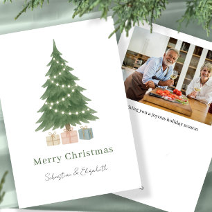 Cartão De Festividades Foto Personalizada da Árvore Natal Watercolor