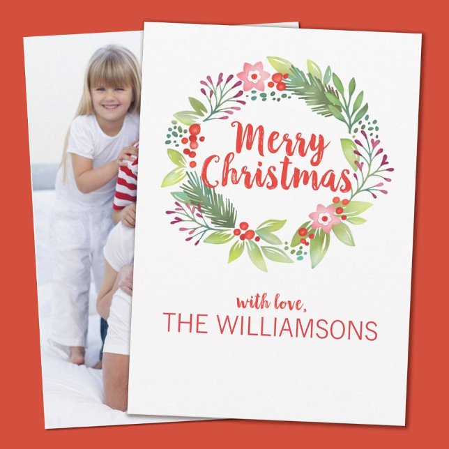Cartão De Festividades Foto personalizada da camada de água natalícia (A pretty watercolor floral Christmas wreath decorates this holiday photo card. )