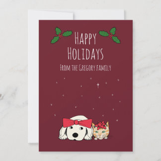 Cartão De Festividades Foto Personalizada da Família com Gato e Cachorro