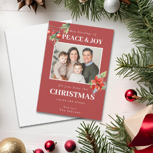Cartão De Festividades Foto Personalizada da Família Poinsettia Vermelha