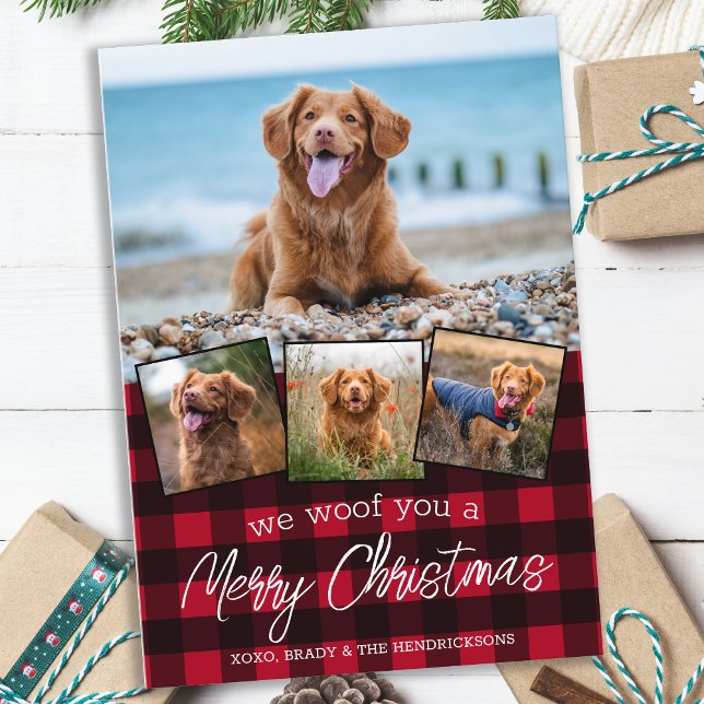 Cartão De Festividades Foto Personalizada de 4 Pet Red Xadrez Feliz Natal (Criador carregado)