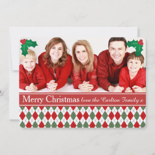 Cartão De Festividades Foto personalizada de Argyle Verde e Vermelho