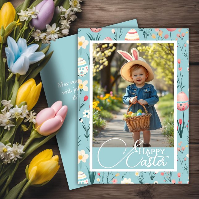 Cartão De Festividades Foto personalizada de Felz pascoa Floral e Ovos en (Charming Floral & Eggs Happy Easter Custom Photo Holiday Card)