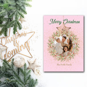 Cartão De Festividades Foto personalizada de Natal bonito rosa Sparkle