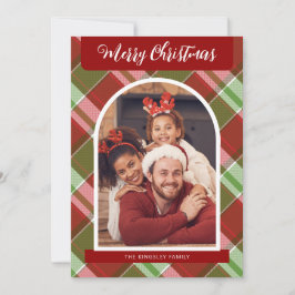 Cartão De Festividades Foto Personalizada de Natal da xadrez Red Poinsett